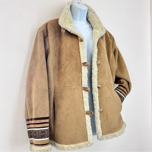 Vintage 90s Y2K Faux Suede Sherpa Lined Jacket Sz M Tan Coat Boho Phoebe Buffay - Picture 5 of 12